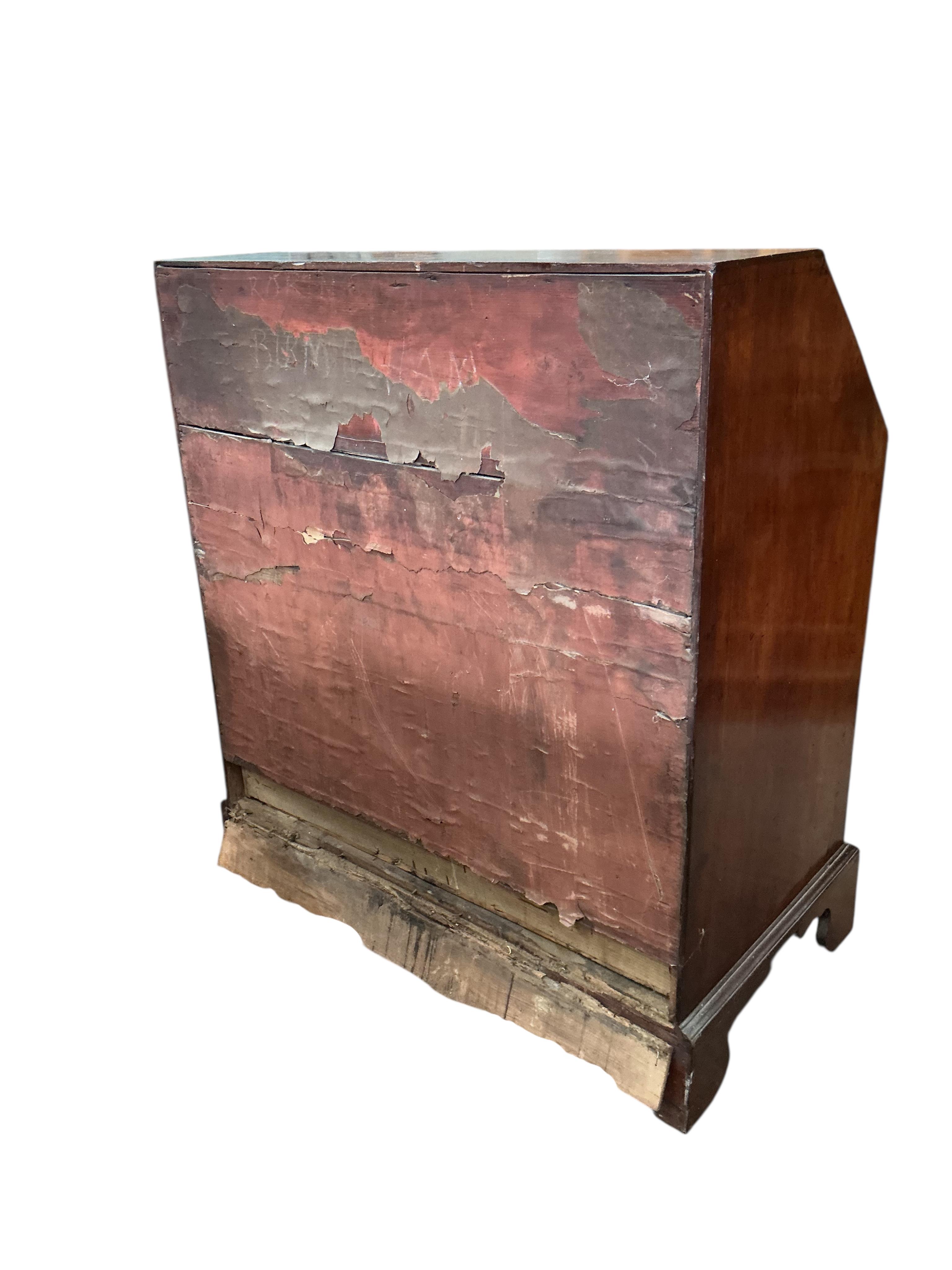 A George III mahogany bureau, with four long drawers on bracket feet, width 91cm, depth 53cm, height 108cm
